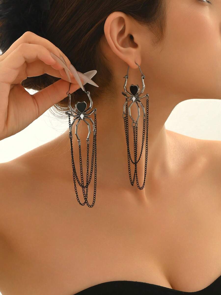 1 Pair Exaggerated Black Spider Halloween Earrings, Fashionable Goth Style Black Spider Oil Drop Chain Tassel Long Pendant Earrings, Halloween Jewelry, Holiday Party Jewelry - Black - View 1