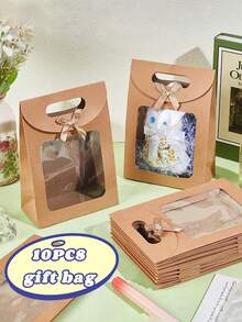 10/5 件装牛皮纸蝴蝶结礼品袋，透明窗口展示包装袋，带提手的竖款迷你礼品袋，棕色礼品袋，自粘纸袋，竖款礼品袋，糖果饼干包装袋，白色和棕色婚礼及圣诞派对袋，情人节礼品袋，礼品包装袋 - 多色 - 查看 2