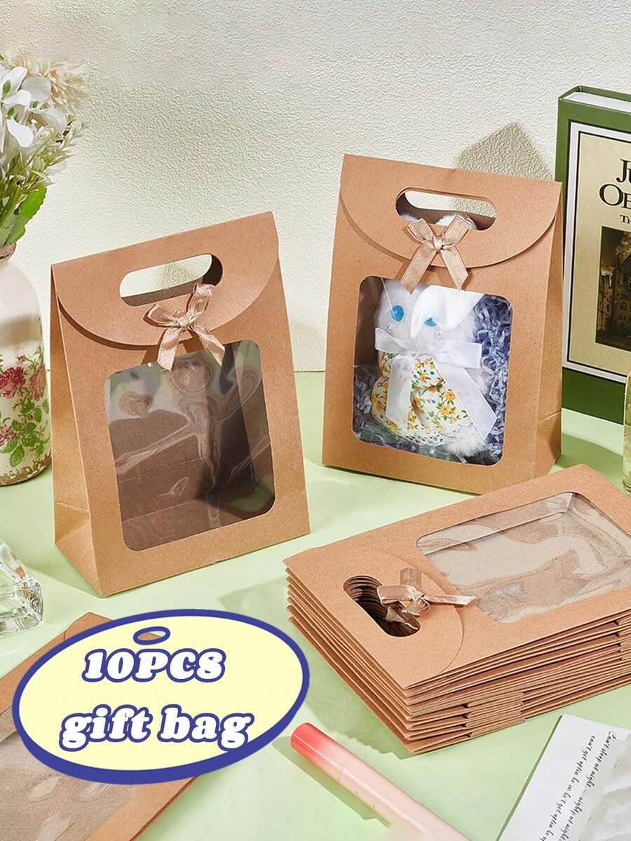 10/5 件装牛皮纸蝴蝶结礼品袋，透明窗口展示包装袋，带提手的竖款迷你礼品袋，棕色礼品袋，自粘纸袋，竖款礼品袋，糖果饼干包装袋，白色和棕色婚礼及圣诞派对袋，情人节礼品袋，礼品包装袋