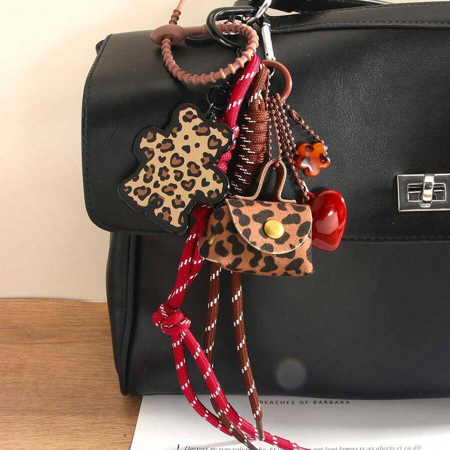 Series Cute Leather Leopard Print Small Bag Charm Keychain Vintage Leopard Bear Heart Highly Decorative Bag Pendant Suitable For Women Everyday Wear Fall