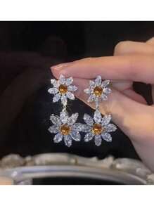 1 对优雅精致向日葵吊坠耳环甜美风格两款小菊花套装镶嵌闪亮锆石耳环男女皆宜