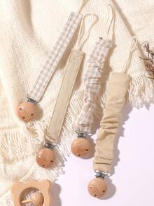 4 piezas de Clips para chupetes de bebé, a cuadros, lunares, unicolor azul/rosa/caqui, clips de chupete de madera con 3 agujeros, aptos para uso diario