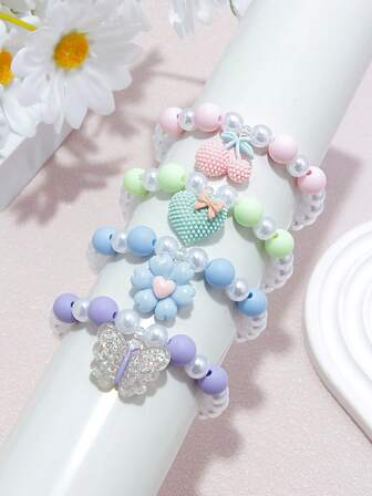 4 件套珍珠、心形、花朵、樱桃串珠手链套装，适合女孩日常佩戴、派对、生日礼物