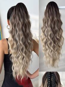 爪形马尾辫接发，渐变色银黑棕 24 英寸长水波纹发丝，耐热纤维合成马尾辫，适合女士和女孩在派对上日常使用 - 漸層棕色 - 查看 6