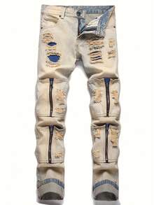 Men's Punk Street Fashion Fake Pocket Retro Versatile Mud Dye Workwear Denim Pants - Khaki - View 1