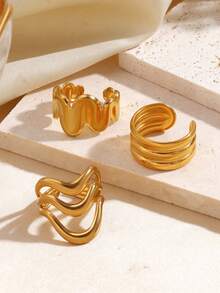 3 件套不锈钢 18K 镀金波浪线戒指，适合女性日常佩戴 - 彩色 - 查看 4