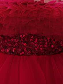 女婴亮片薄纱可爱花童婚礼拖尾礼服，适合派对、生日、外出等场合，不含头饰 - 酒紅色 - 查看 8