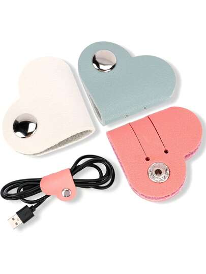 5 件装多色心形线缆整理器、绕线器、USB 线缆整理器、PU 皮革耳机支架、便携式充电器线支架、可爱耳机盒，适合女士和女孩的礼物