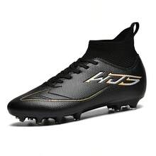 1 Pair Sports Style Anti-Slip Durable High-Top Football/Soccer Shoes, AG Studs Design, PU Leather Upper, Colorful, Rubber Outsole, Professional Match Shoes Suitable For Muddy, Short Grass Fields - Black - View 3