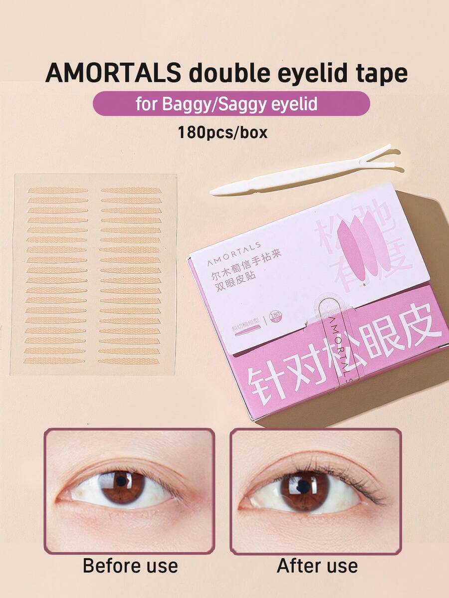Amortals 180片斜橄欖形隱形雙眼皮貼，適用於鬆弛下垂眼皮，膚色自黏、透氣持久、無痕跡、啞光自然妝感，附贈Y型叉工具，日常妝容必備熱門眼部配件