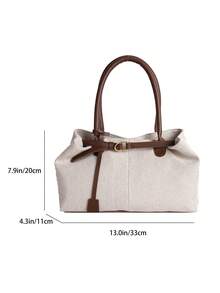 1 chiếc túi tote vải bố ghép mảnh màu nâu cà phê, dung tích lớn, trang trí quai đeo, túi đeo vai nữ, túi đi biển. - Cà phê nâu - Xem 7