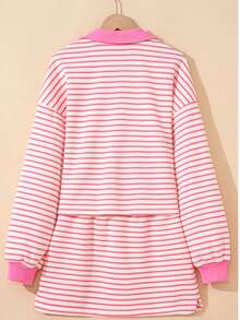 Stripe Designed Collared V Neck Drop Shoulder Sweatshirt And Skort Sets - 粉色 - 查看 4