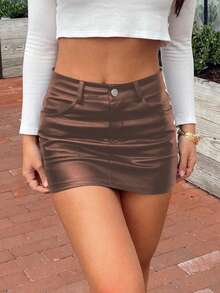 MYOURSA 棕色仿皮紧身迷你裙，休闲夏季款 - 棕色 - 查看 3