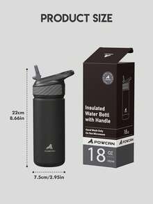 Powcan 18盎司（约530毫升）带吸管保温杯 - 不锈钢水瓶，双层防漏咖啡杯，24小时保温，可放入车载杯架，可重复使用，适合运动、健身、上学和旅行 - 黑色 - 查看 3