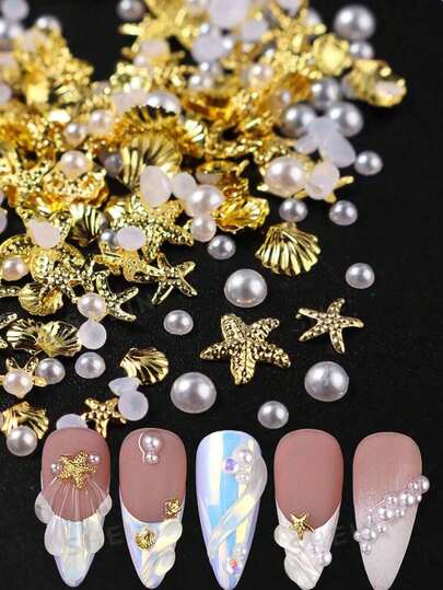 Decoraciones de arte de uñas de verano, estilo océano con estrellas de mar, conchas, perlas semicirculares mixtas en mini decoraciones de arte de uñas, rhinestones de oro para uñas, perlas, rebanadas de metal con tema oceánico para manualidades de arte de uñas, accesorios de arte de uñas Y2K