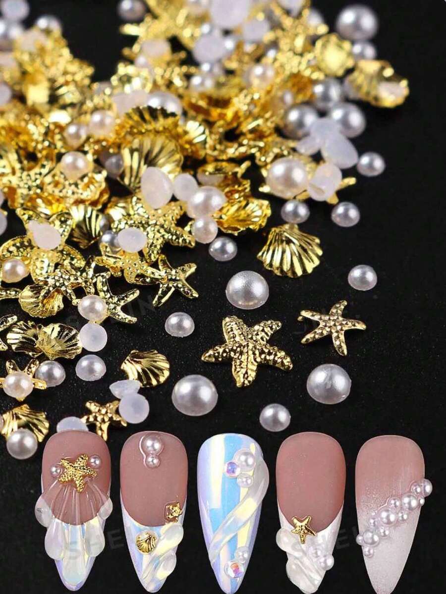 夏季美甲裝飾品 海洋風海星貝殼半圓珍珠混款迷你美甲飾品 金色美甲水鑽珍珠 海洋主題金屬片 DIY 美甲配件 Y2K 美甲飾品指甲飾件