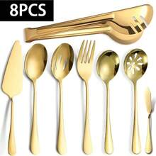 8 tacâmuri de servire din oțel inoxidabil, accesorii de bucătărie durabile, inclusiv clește pentru alimente, lingură de servire/lingură cu fante/furculiță de servire/cuțit de unt, ustensile elegante de servire pentru petrecere, banchet, bufet, cină, Crăciun, Ziua Recunoștinței