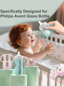 1个硅胶套，适用于天然玻璃婴儿奶瓶，硅胶材质，易握手柄，防摔保护，兼容4/8盎司玻璃瓶 - 彩色 - 查看 4