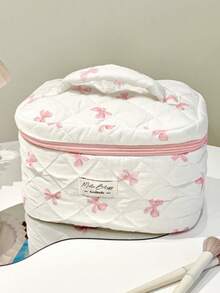 1pc L/M/S Pink Bow Pattern Makeup Bag Set Floral Cosmetic Bag Aesthetic Toiletry Travel Organizer Bag For Women Girls Print Large Travel Vintage Quilted Makeup Bag For Women Skincare Organizer Bag Print Flower Makeup Organizer Storage Bag Autumn University Essentials Travel Essentials Holiday Vacation Travel Bag For Women