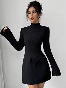 Einfarbiges, lässiges, elegantes Kleid aus gewebtem Stoff mit Fake-Taschen und Reißverschluss, geeignet für Büro, Abenddate, Herbst/Winter - Schwarz - Übersicht 4