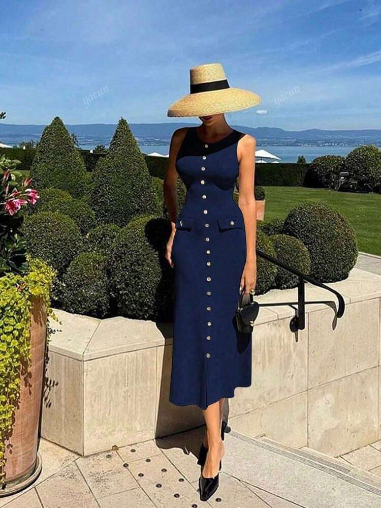 Elegante y de moda vestido de punto casual de corte ceñido para mujer, sin mangas, cuello redondo, decorado con botones metálicos, para primavera/verano