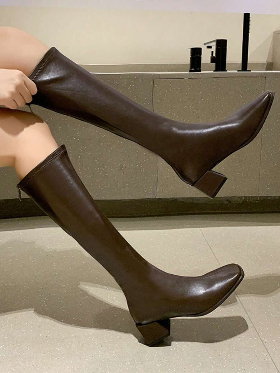 qishangda 女式高筒靴，2025年春秋季新款方头粗跟中筒马靴 - 棕色 - 查看 1