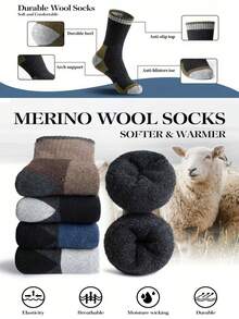 5 Pairs Men's Thick Thermal Crew Socks, Warm Wool Blend Socks For Outdoor Sports Like Hiking, Skiing In Winter