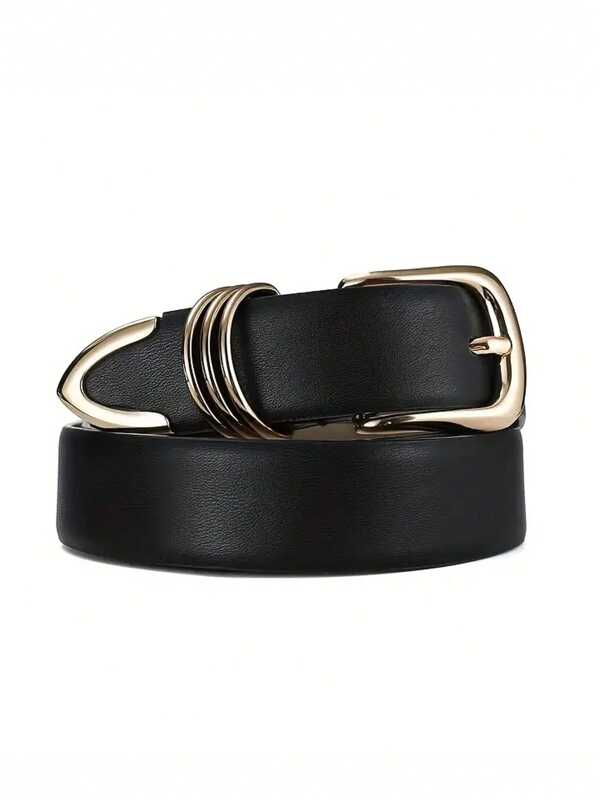 حزام جلد اصطناعي للرجال والنساء مع إبزيم بيضاوي ذهبي - حزام كاجوال قابل للتعديل للجينز والبناطيل والتنانير - إكسسوار موضة متين للملابس الكاجوال وإكسسوارات الجينز