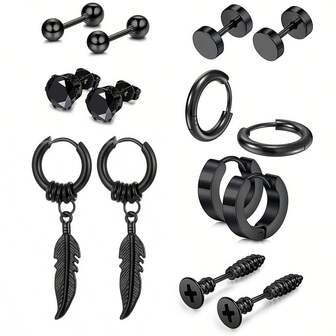 14 款时尚不锈钢耳环、叶子吊坠、螺丝耳环、带扣耳环套装适合日常佩戴，男女通用