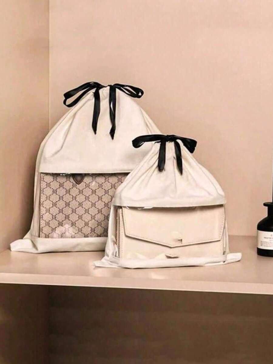 抽绳仿麂皮旅行鞋袋带提手收纳防尘罩带PVC透明窗口返校用品袋收纳袋冬季 - 米色 - 查看 1