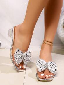 女士高跟凉鞋，一体式蝴蝶结水钻粗跟百搭高跟鞋，时尚优雅休闲高跟鞋 - 銀色 - 查看 3