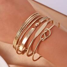 5 件/套简约链式手链，时尚金色混合结开口袖口手链套装，适合婚礼、庆典、音乐节、节日