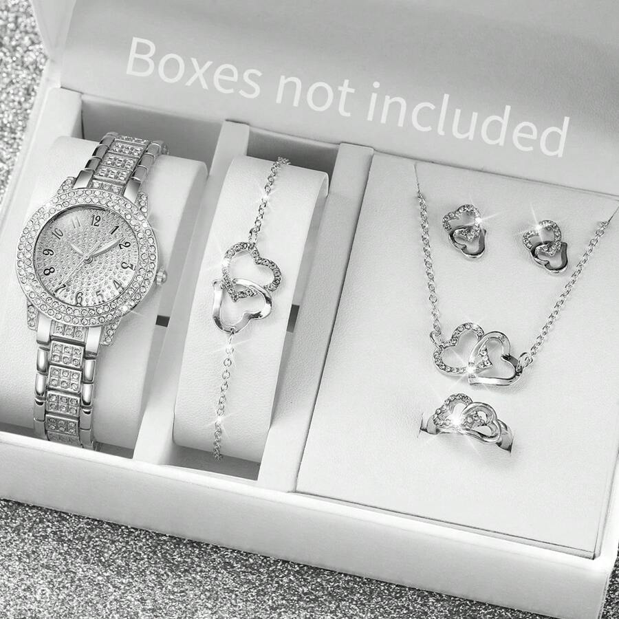 6 Pcs Women Watches Sets Gifts , Diamond Silver Watch Bracelet Set Necklace Earring Rings. 6 Pieces Jewelry Set For Mom Wife Girlfriend Anniversary Birthday Christmas Valentine's Day Gifts - Silver - View 1