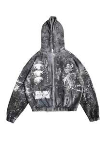 Dark Style Printed Men's Hooded Sweatshirt With Loose Zipper-Opening Front And Long Sleeves Vest