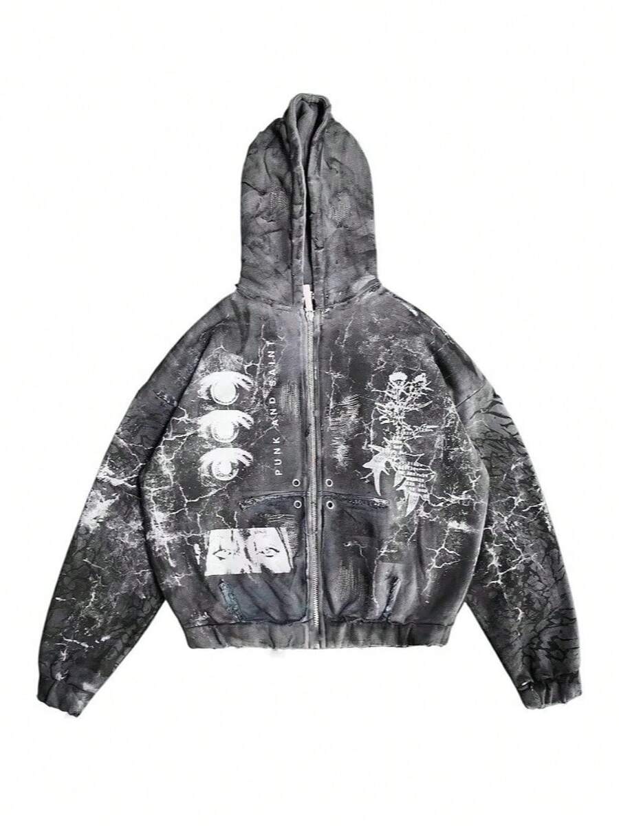 Dark Style Printed Men's Hooded Sweatshirt With Loose Zipper-Opening Front And Long Sleeves Vest