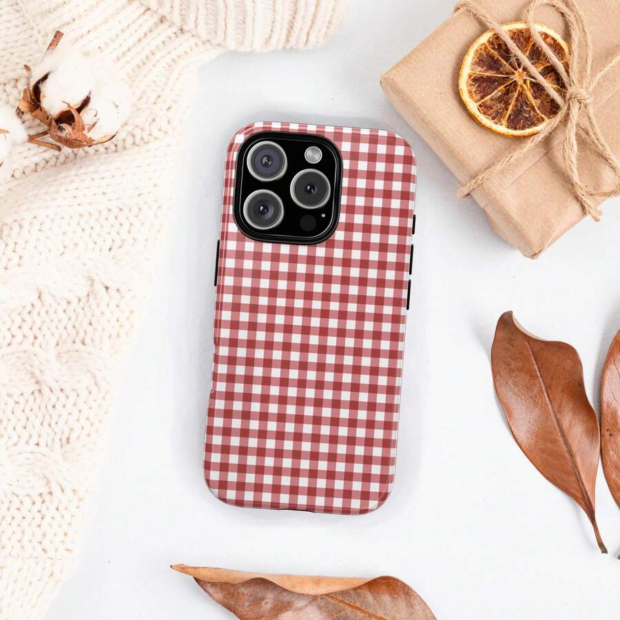 Plaid Patchwork Phone Case, Cute Red Autumn Phone Case, Compatible With IPhone 17 Pro Max, 16 Pro, 15 Plus, 14 Pro Max, 13, 12, 11 - Rose Red - View 1