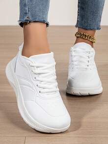 Tênis Feminino Plus Size De Cano Baixo, De Branco, Com Cadarço, Para Atividades Ao Ar Livre, Tênis De Corrida Casual Antiderrapante E À Prova D'Água, Adequados Para Primavera, Outono E Todas As Estações - Branco - Ver 6