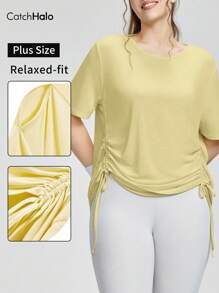 Catch Halo 4-Way Stretch Plus Size Women's Workout T-Shirt - Slim-Fit Short Sleeve & Crew Neck & Off-Shoulder & Cutout Shoulder Basic Solid Color Sport T-Shirt | Tummy Control Figure Contour Slimming Side Drawstring Gathered Waist | Breathable Lightweight Quick-Dry Buttery Soft Atheleisure Casual Workout Top For Yoga, Pilate, Running, Gym, Cheerleader (Cream Yellow, 0XL-3XL)