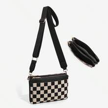 Checkered Portable Crossbody Bag, Small Square Shoulder Wallet, Lightweight Single-Shoulder Coin Purse, Stylish And Practical Accessory - màu đen - Xem 1