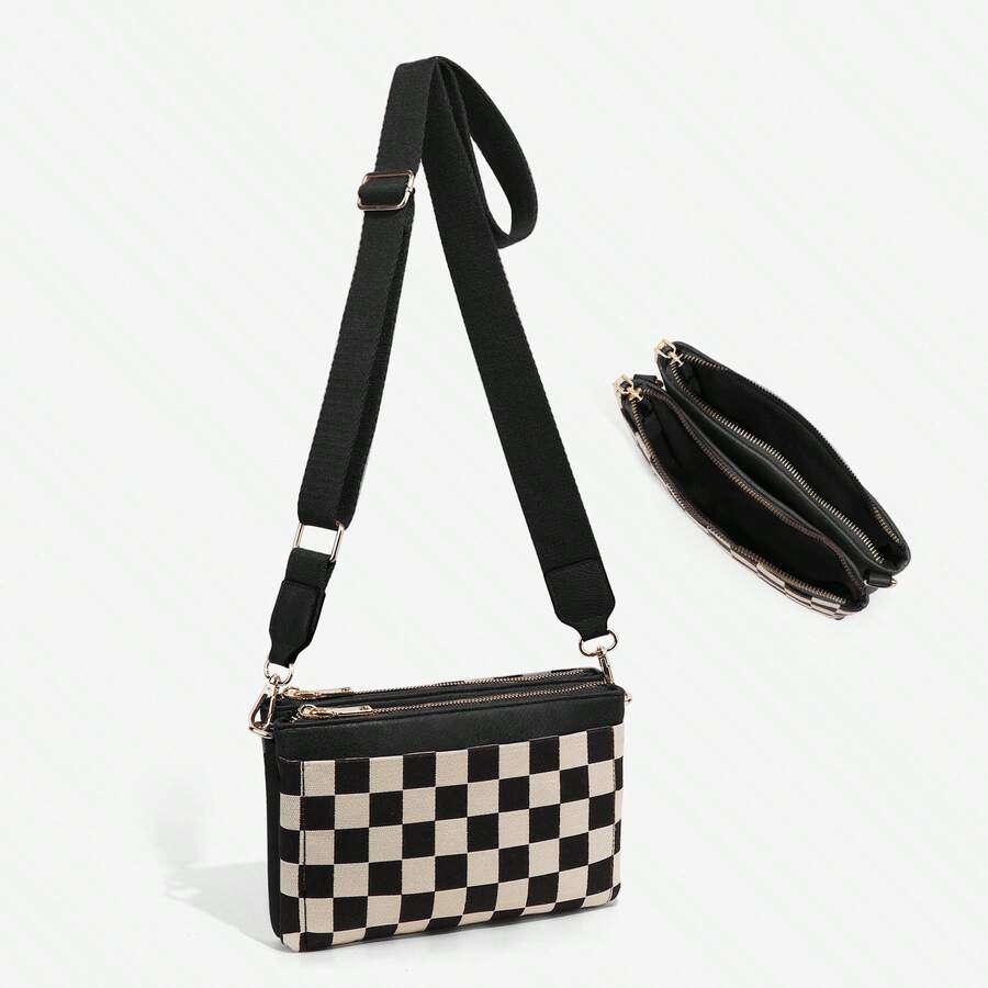 Checkered Portable Crossbody Bag, Small Square Shoulder Wallet, Lightweight Single-Shoulder Coin Purse, Stylish And Practical Accessory - màu đen - Xem 1