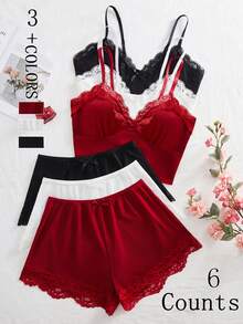 6 pezzi Set di lingerie sexy da donna, reggiseno a triangolo con spalline regolabili, top e pantaloncini decorati con fiocco, comodo pigiama da casa in tinta unita