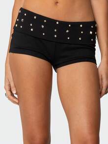 Womens Y2k Grunge Mini Shorts Fold Over Low Rise Studded Rivet Rave Concert Club Punk Goth Micro Bottoms Casual Slim Fit Stretchy Yoga Shorts Loungewear - Black - View 4