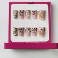 Y2K Duck Nails Short Handmade Press-On Nail Acrylic Nails, 10 Pcs Handmade 2025 Summer Pink Nails Embellished With Leopard Patterns, Gold Charms & Rhinestone Fringes For Party, Wedding, Holiday & Daily Wear-Reusable Gel Acrylic, Easy Application With Jelly Glue Set Included - 彩色 - 查看 6