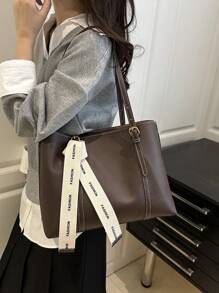 女士多功能纯色手提包，PU 皮革多隔层单肩包，配有丝巾装饰，轻便大容量手提包，适合日常办公使用，时尚防水耐用方形手提包，母亲节的绝佳礼物。 - 咖啡 - 查看 5