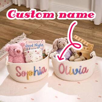 Customized Name Gift Basket/Multi-Color Woven Handle Storage Basket, Home Decor For Living Room/Bedroom, Cosmetics/Toys/Gift Packaging And Display, Birthday/Anniversary/Holiday Gift Basket, Party Favor/Wedding/Gift Basket/Handmade Name Gift Basket