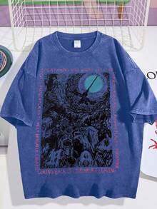 EWH Vintage Men's Vintage Washed Short Sleeves With Artistic Text Printing, Loose Street Style Short SleevesDG004 - 藍色 - 查看 1