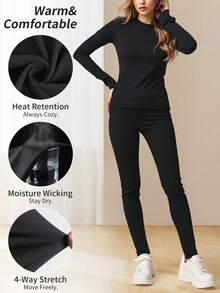 Women's Autumn/Winter Fashion Warm Underwear Set, Long-Sleeved Round Neck Base Layer Top And Pants, Base Layer Set, Outdoor Wear, Winter Yoga Wear, Outdoor Skiing Winter Warm Women's Clothing - Black - View 3