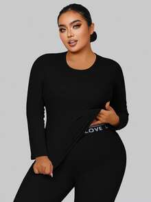 1 Set Plus Size Fleece Ribbed Crew Neck Long Sleeve Top & Letter Print Waistband 7/8 Pants, 2-In-1 Seamless Bra Included, Autumn/Winter