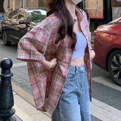 레트로 아메리칸 니치 디자인 여성용 반팔 체크 셔츠, 가벼운 여름 자외선 차단 재킷, 루즈핏 다용도 블라우스