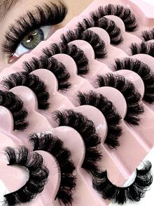 New 7 Pairs Russian Volume Classic Cat Eye Artificial Mink False Eyelashes, Natural DD Curl Fluffy Faux Eyelashes, Cross Wispy Dramatic Volume Faux Mink Lashes Extension For A Natural Look - 黑色 - 查看 1